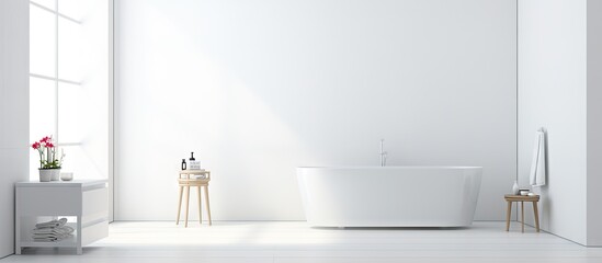 Spacious pristine white bathroom with no occupants. Copy space image. Place for adding text and design