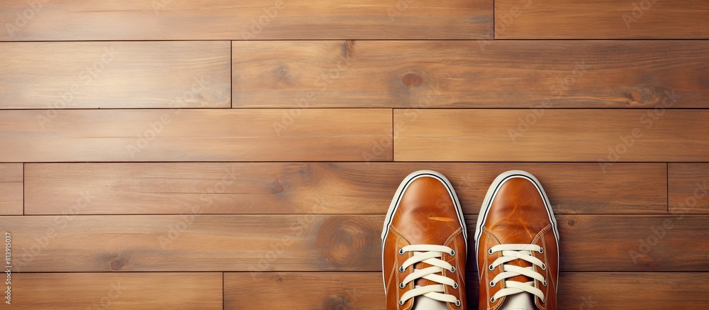 Poster view from above of shoes placed on a wooden background with space available for text or additional i