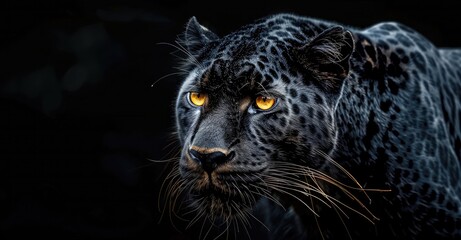 A black leopard with yellow eyes in the dark, on a black background,