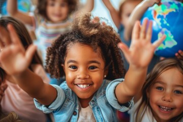 Diverse group of young children happily reaching for a globe in a classroom setting, symbolizing global unity and education among youths, international childrens day