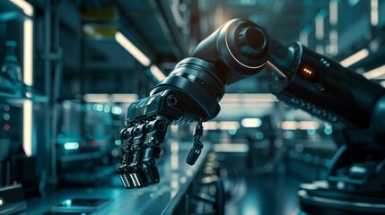 Close-up of an AI robotic arm ready for work on a production line. Computer manufacturing. A dark black background.