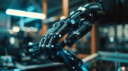 Concept: Close-up of a New Generation AI Robotic Arm in a Manufacturing Facility. Computer Manufacturing. Dark Black Colors.