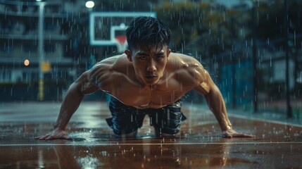 In a residential neighborhood area, a muscular fit young man drills push-ups in an outdoor basketball court after a rainstorm.
