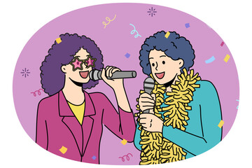 Smiling people in retro costumes sing in microphones enjoy party or celebration. Happy friends have fun in karaoke on new year night. Vector illustration.