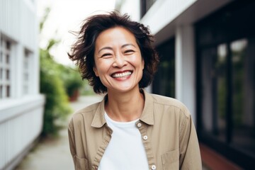 Portrait of a glad asian woman in her 50s smiling at the camera over white background