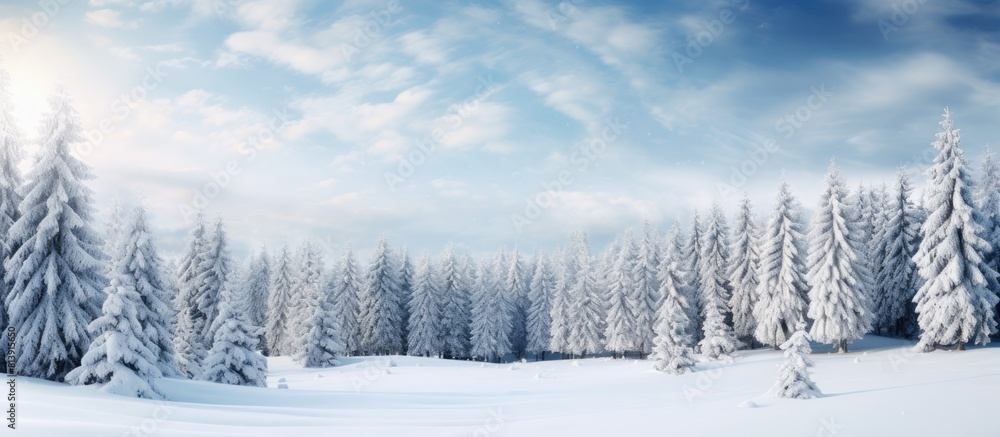 Poster a winter landscape of a forest with evergreen pine trees covered in snow providing a picturesque vie