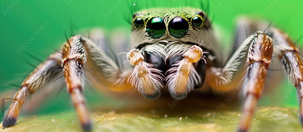 Poster jumping spider with green and white background in macro view ideal for copy space image