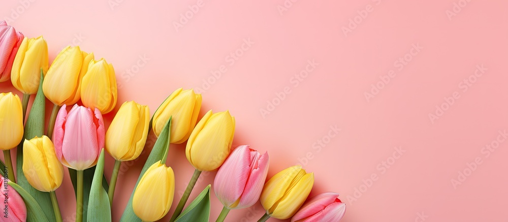 Poster a spring inspired image with a pink background displaying a bouquet of pink and yellow tulips perfec