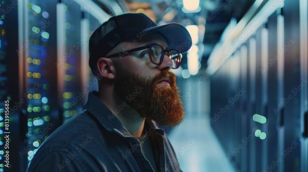 Aufkleber standing next to server racks, a bearded it engineer with glasses and black colleague talk while run