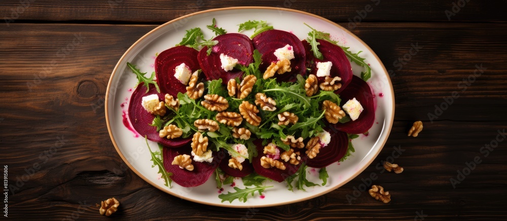 Poster a vibrant salad composed of beets arugula soft cheese and walnuts is showcased on a plate set agains