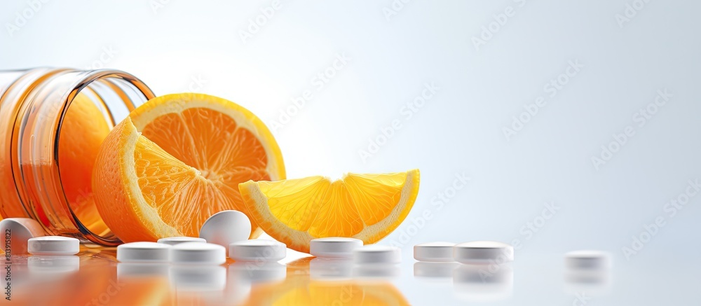 Poster a mock up image displays a slice of orange fruit being consumed alongside multiple capsule pills the