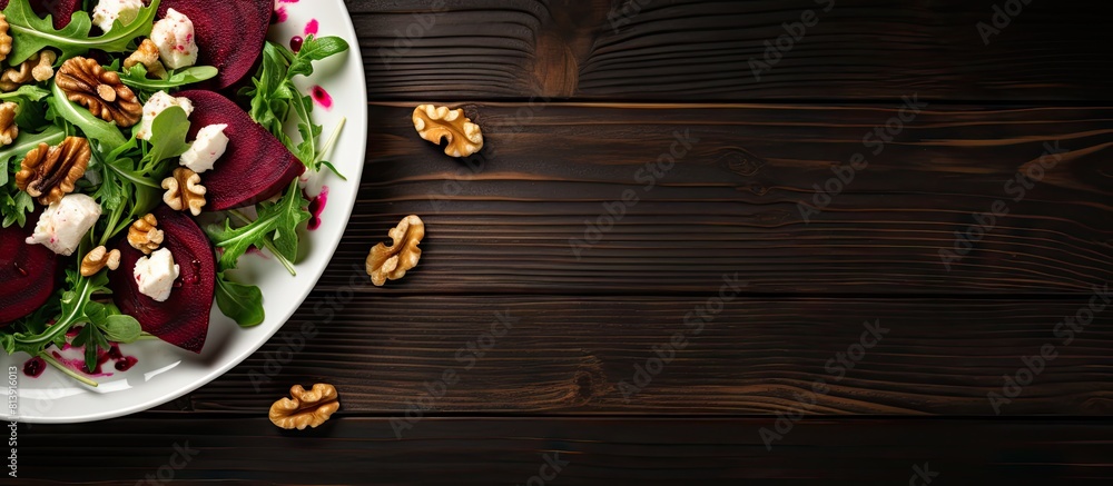 Poster a vibrant salad composed of beets arugula soft cheese and walnuts is showcased on a plate set agains