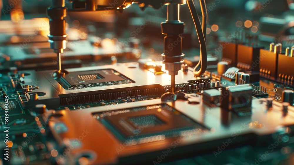 Poster printed circuit board on a factory assembly line with automated robotic arm surface mounting micropr