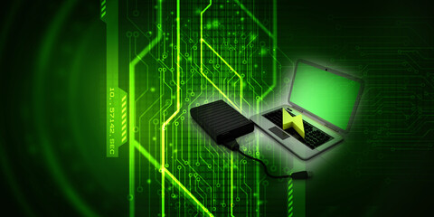 Naklejka premium 3d rendering renewable energy sign with laptop near power bank 