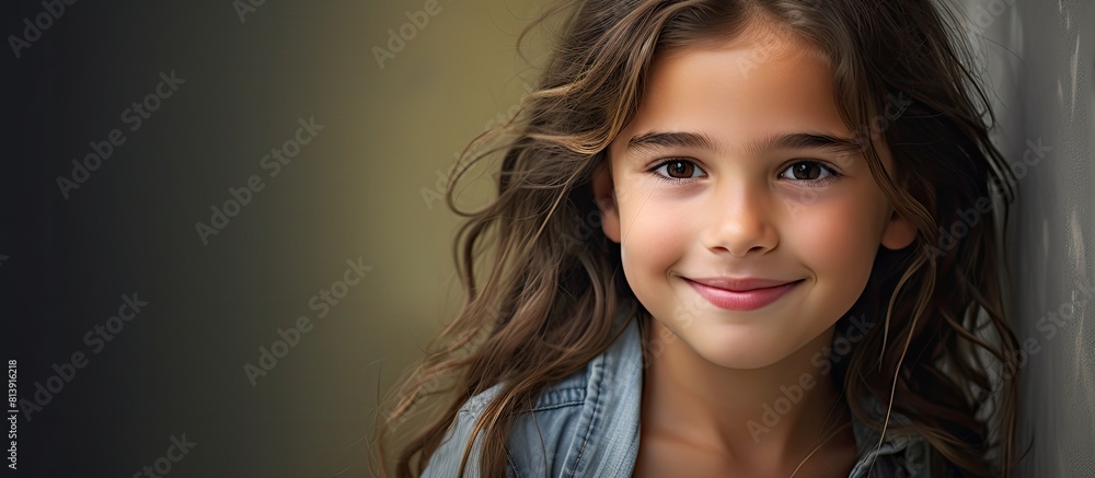 Poster smiling young girl in a portrait looking directly at the camera the image is horizontal and includes