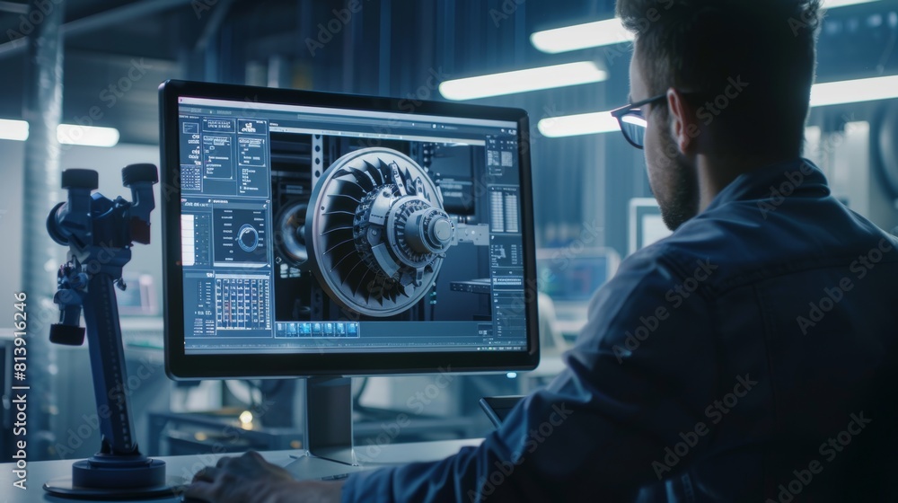 Poster close-up of the engineer working on the 3d engine model on his personal computer. professional at wo