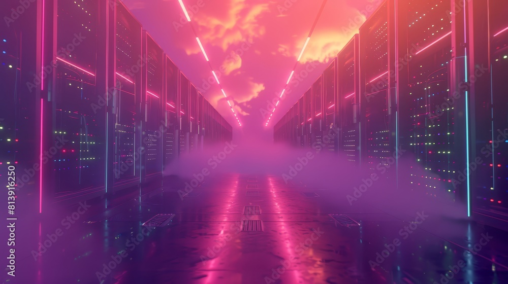 Aufkleber cloud server network, front view of interconnected cloud servers handling massive data flows, seamle
