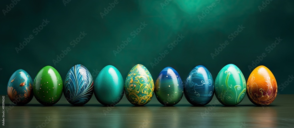 Aufkleber an image with colorful easter eggs painted on a green background leaving room for text. copy space i