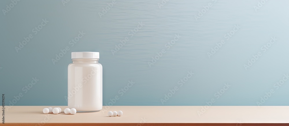 Poster flat lay copy space image of a pill bottle on a table providing ample room for text