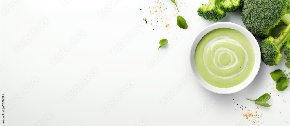 Poster green cream soup with vegetables including broccoli combined with creamy texture aromatic spices and