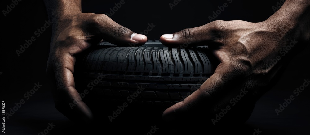 Poster a mechanic s hands hold a new car tire against a black backdrop creating a copy space image for text