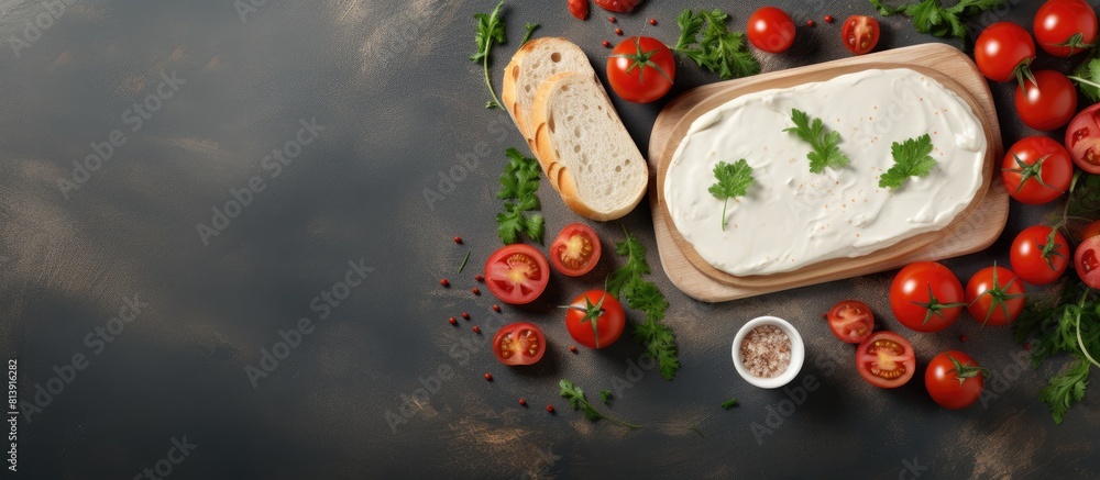 Poster on a gray table there is a flat lay with pieces of baguette topped with delectable cream cheese and 