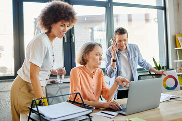 Diverse group of female businesswomen, including LGBT women, collaborating around a laptop in an office setting.