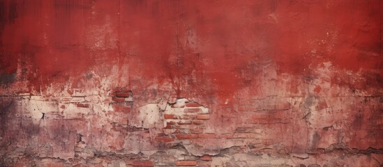 Obraz premium The distressed surface of an old brick wall with peeling paint gives the impression of a grungy shabby building facade This grunge red stonewall background forms an abstract web banner with ample cop