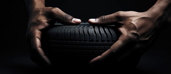 A mechanic s hands hold a new car tire against a black backdrop creating a copy space image for text