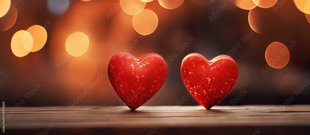 Poster a pair of red wooden hearts are placed on a background with red bokeh lights creating an aesthetical
