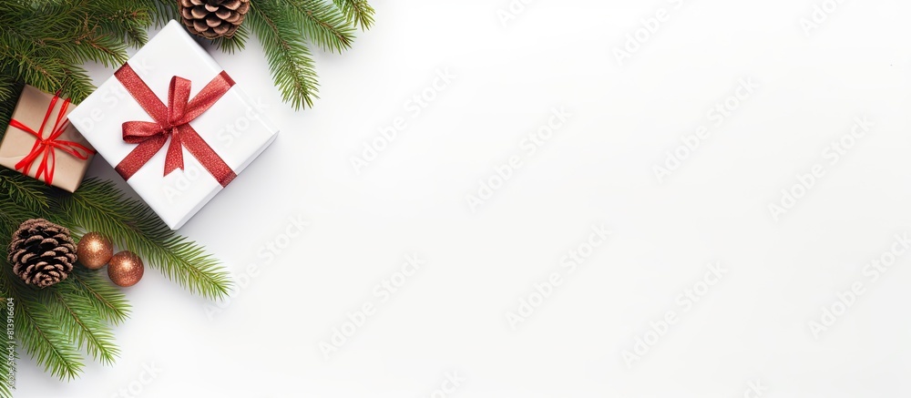 Poster a top view of christmas gift boxes and a fir tree on a white background creating a copy space image