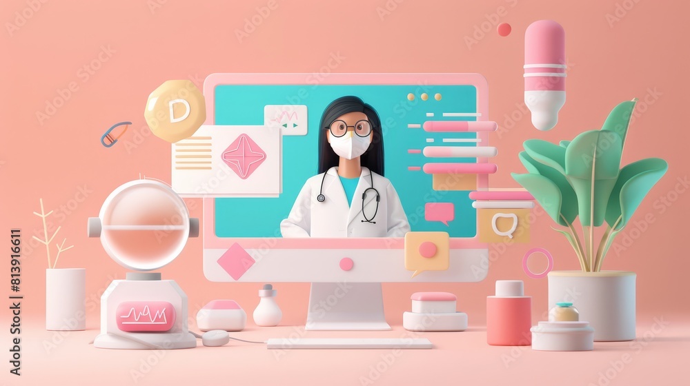 Poster Telemedicine interface flat design front view online consultation theme 3D render Monochromatic Color Scheme