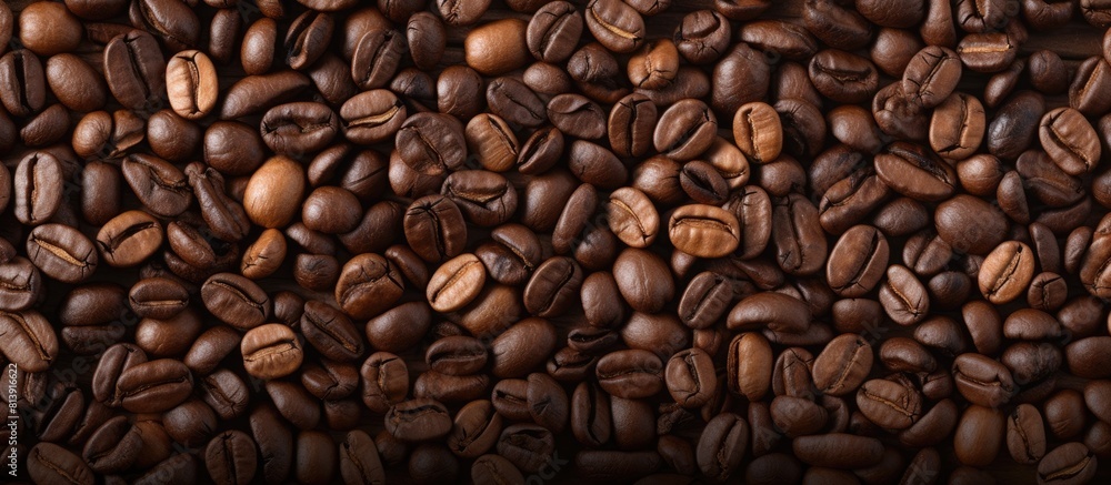 Poster top view of a background with a textured image of roasted coffee beans creating a copy space image