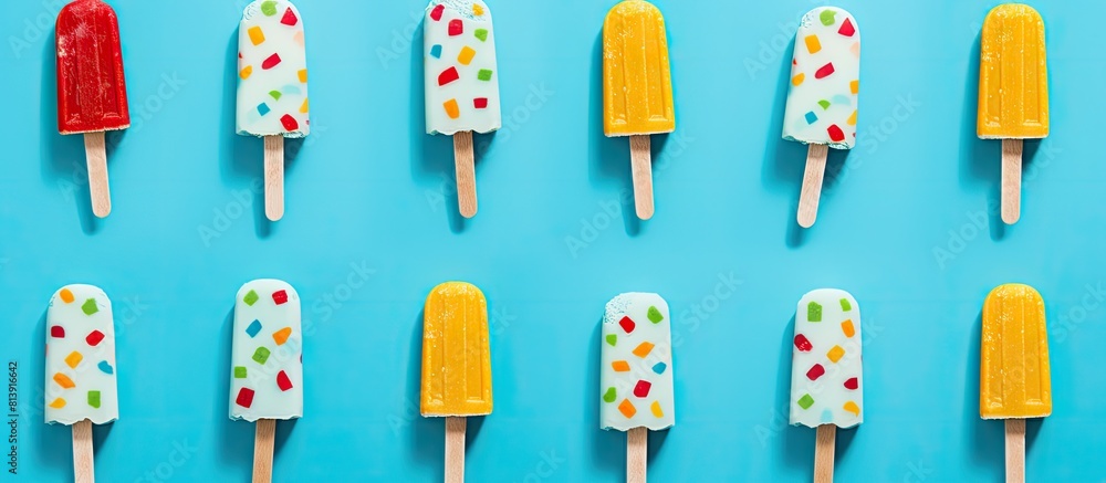 Poster top view of a bright blue background adorned with a vibrant pop art pattern of colorful ice cream po