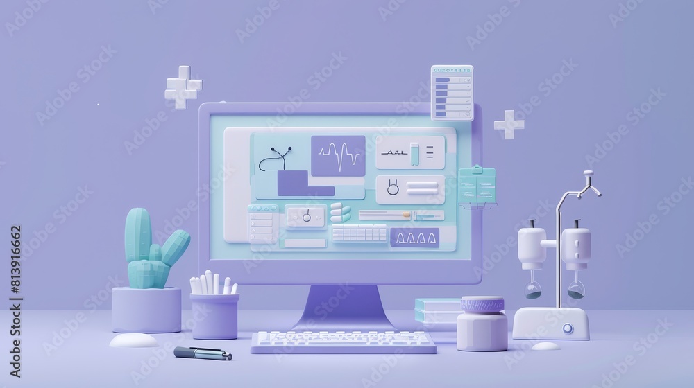 Poster telemedicine interface flat design front view online consultation theme 3d render monochromatic colo