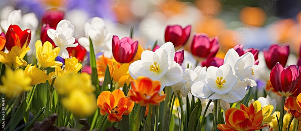 Poster spring has arrived and the landscape is adorned with a vibrant display of red yellow and white flowe
