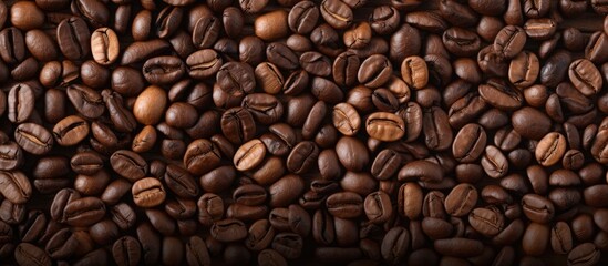 Obraz premium Top view of a background with a textured image of roasted coffee beans creating a copy space image