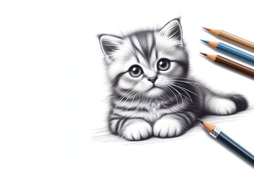 Sketch of a cat next to writing implements in black and white