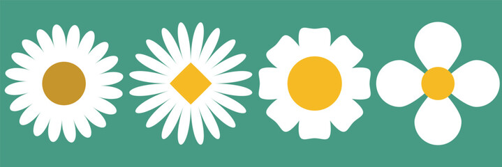Camomile icon set. White daisy chamomile. Cute round flower plant collection. Growing concept. Love card symbol. Flat design. Green background. Isolated.
