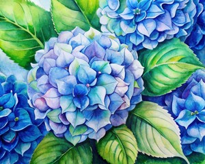 Watercolor hydrangea flower with green leaves