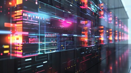 Obraz premium Virtual data center, Side view of a virtualized data center architecture with floating elements, virtual scalability. Robotic tone. Split-complementary color scheme