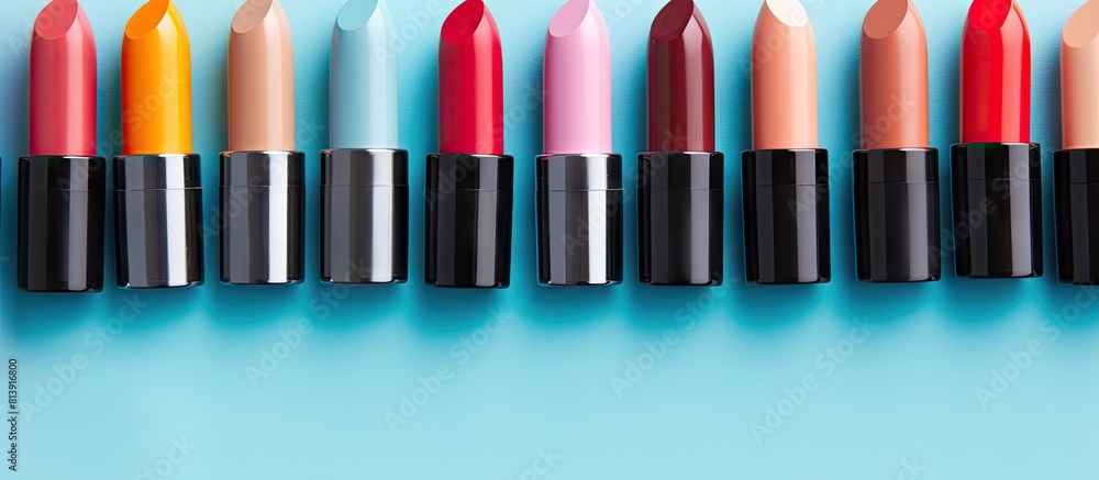 Poster top view of various stunning lipsticks on a light blue backdrop perfect for adding text. copy space 