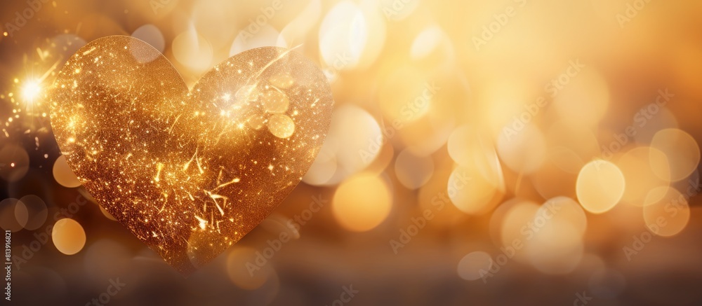 Poster an abstract background with a heart shaped bokeh design sparkling in golden glitter providing ample 