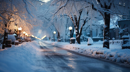 Contemporary  Residential Street Scene Covered in Snow Due to Heavy Snowfall Landscape Background