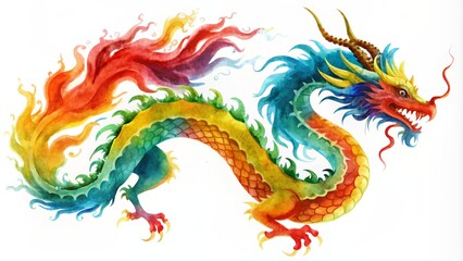 Watercolor colorful dragon in Chinese traditional style with splash of paintings