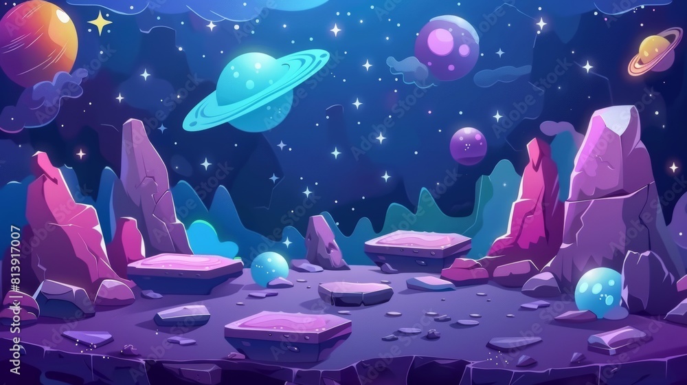 Poster a modern illustration of an alien planet, star, and spaceship for a gui interface for games, compute