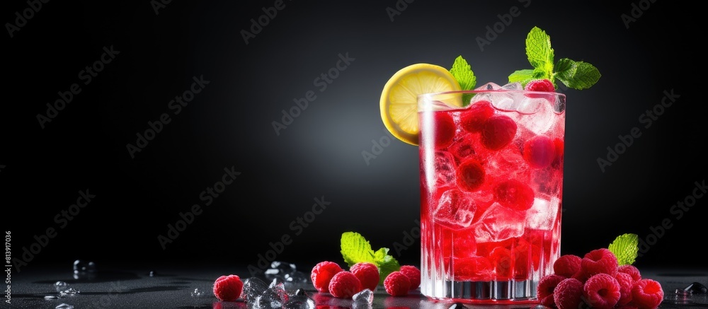 Poster a refreshing red berry summer cocktail adorned with lemon and cherry presented on a stylish gray tab