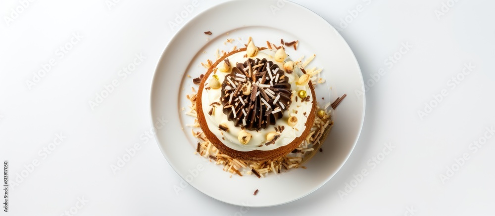 Aufkleber An Easter cake called Kulich adorned with icing and a chocolate nest along with golden eggs is placed on a plate against a white background The image is a flat lay style with ample copy space