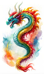 Watercolor colorful dragon in Chinese traditional style with splash of paintings
