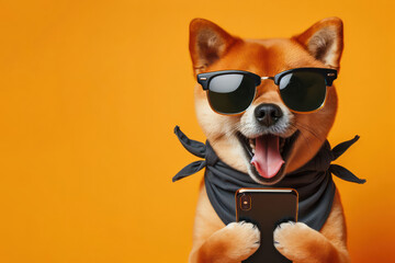 Shocked dog in sunglasses holding smartphone on color background